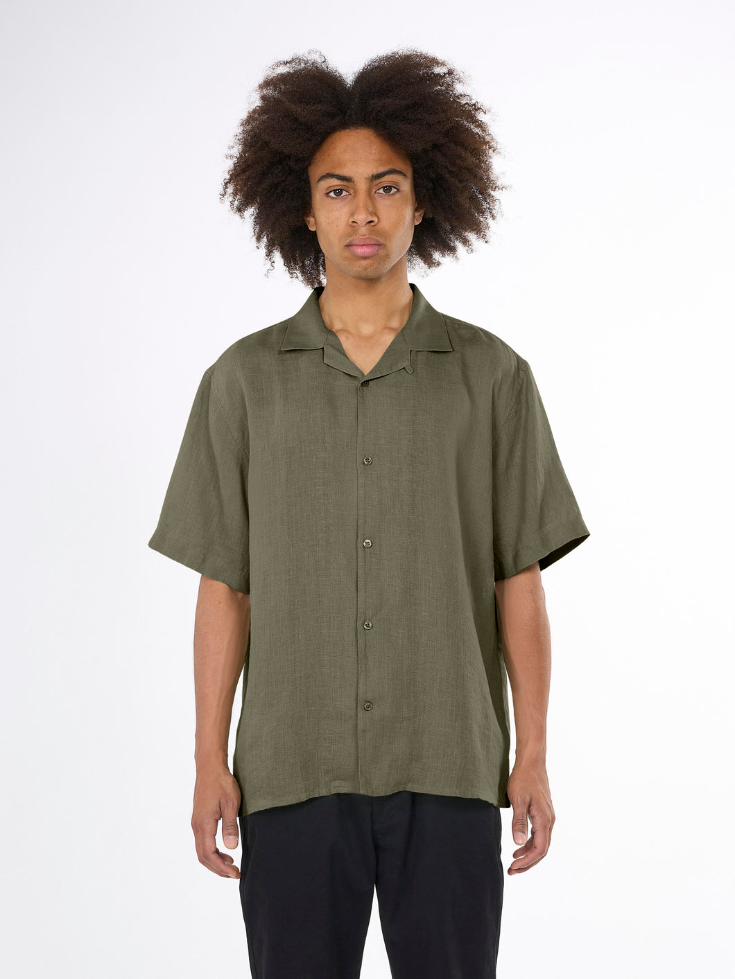 Knowledge Cotton Apparel - Short Sleeve Linen Shirt Olive